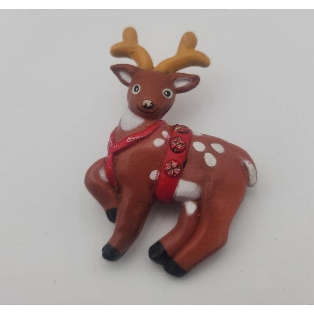 Vintage Christmas holiday S Lehman Fun‎ world happy REINDEER brooch pin